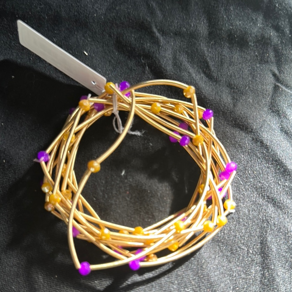 Gold and Purple Beaded Wire Bracelet